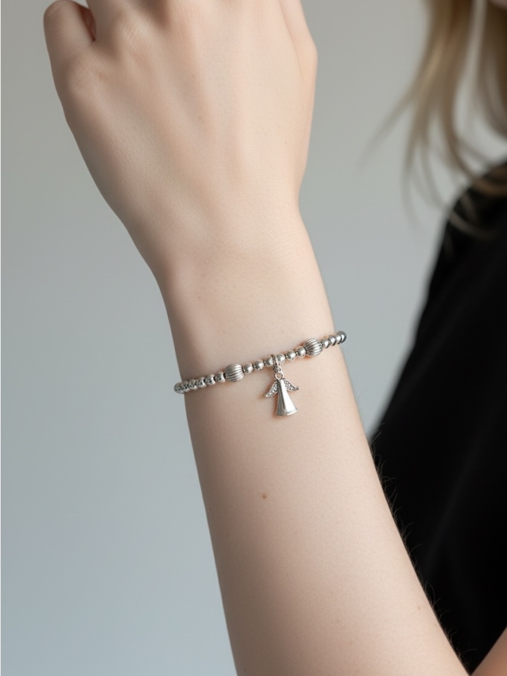 9/5 Sterling Silver Angel Charm Beaded Bracelet - Silver